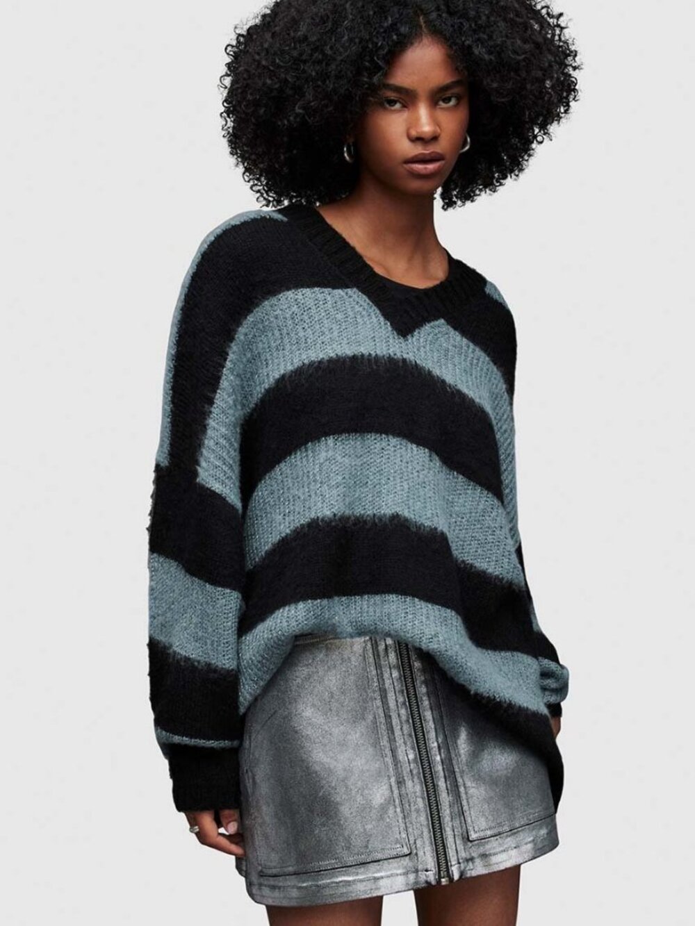 AllSaints Lou Sparkle V-Neck Striped Sweater Black Grey Oversized XS